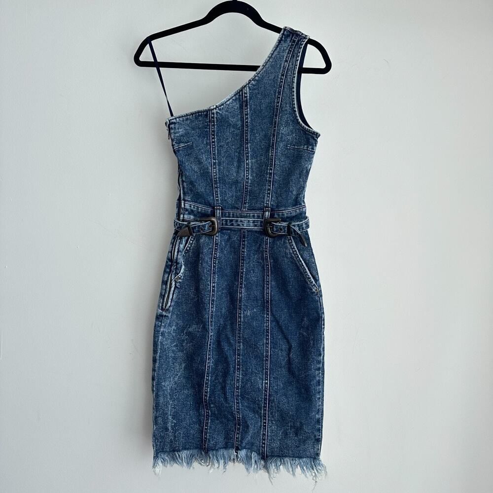 Retrofete Dress Womens XS Denim‎ Fitted Belted Festival Boho Fringe Cowgirl Jean